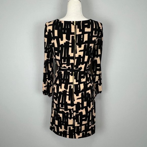 Tahari Womens Long Sleeve Belted Dress Tan Black Abstract Geo Print size 2 - Picture 6 of 12